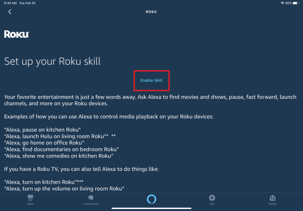 Enable the Roku skill to change input