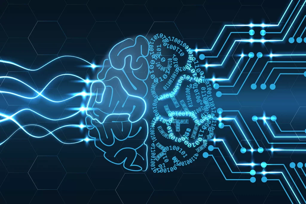 An image showing half human brain and half AI brain having codes.