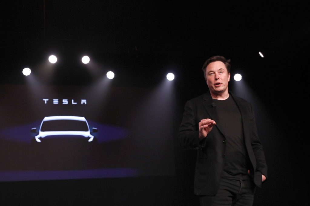 Picture showing Elon musk with Tesla Logo.
